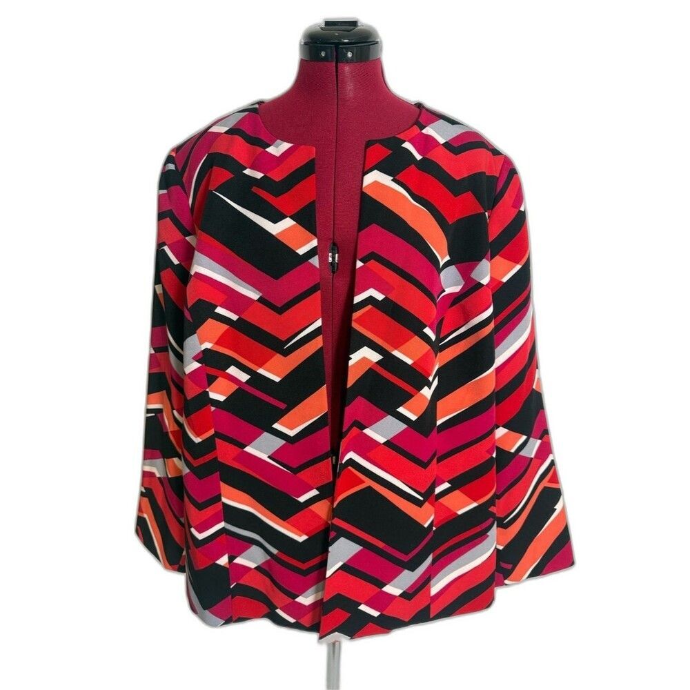 Kasper Open-Front Jacket Women Size 18W Multi-Color Geometric Pattern 3/4 Sleeve